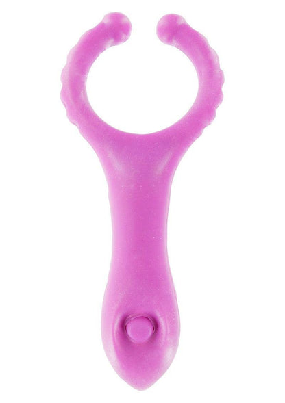 Purple vibrating clitoral stimulator ring with textured flexible arms and control button