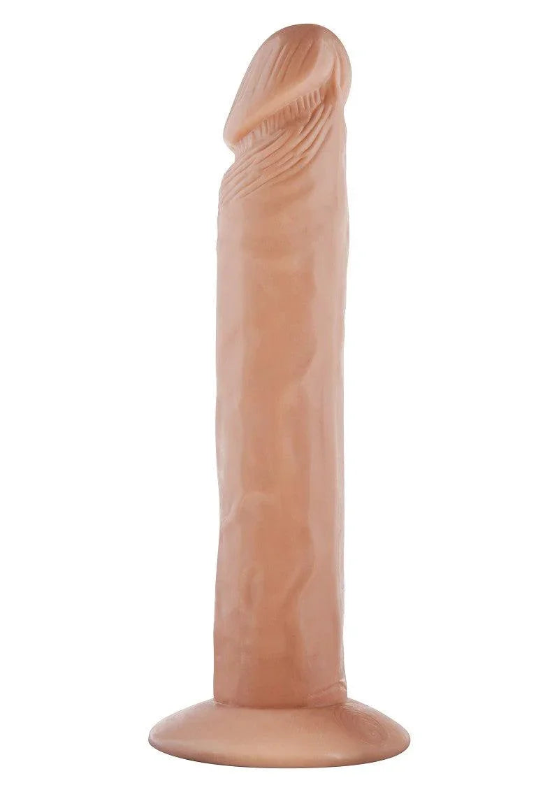 Realistic flesh-toned dildo adult toy with suction base on white background