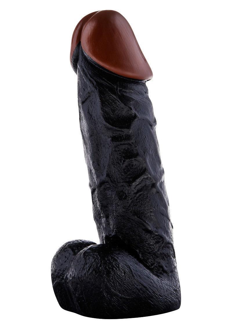 Realistic black adult toy dildo with brown head against a white background