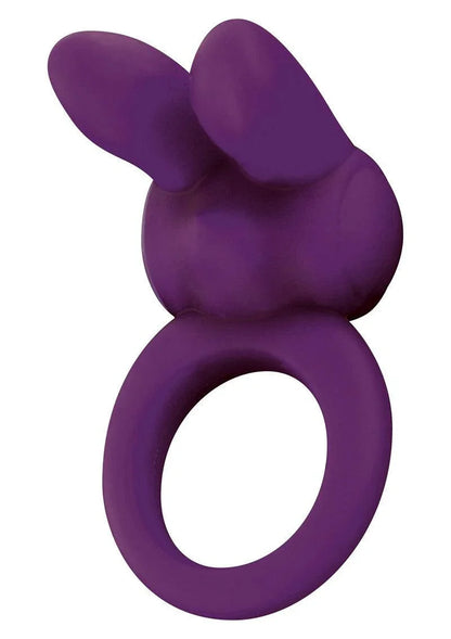 Purple silicone rabbit-shaped vibrating cock ring sex toy on white background
