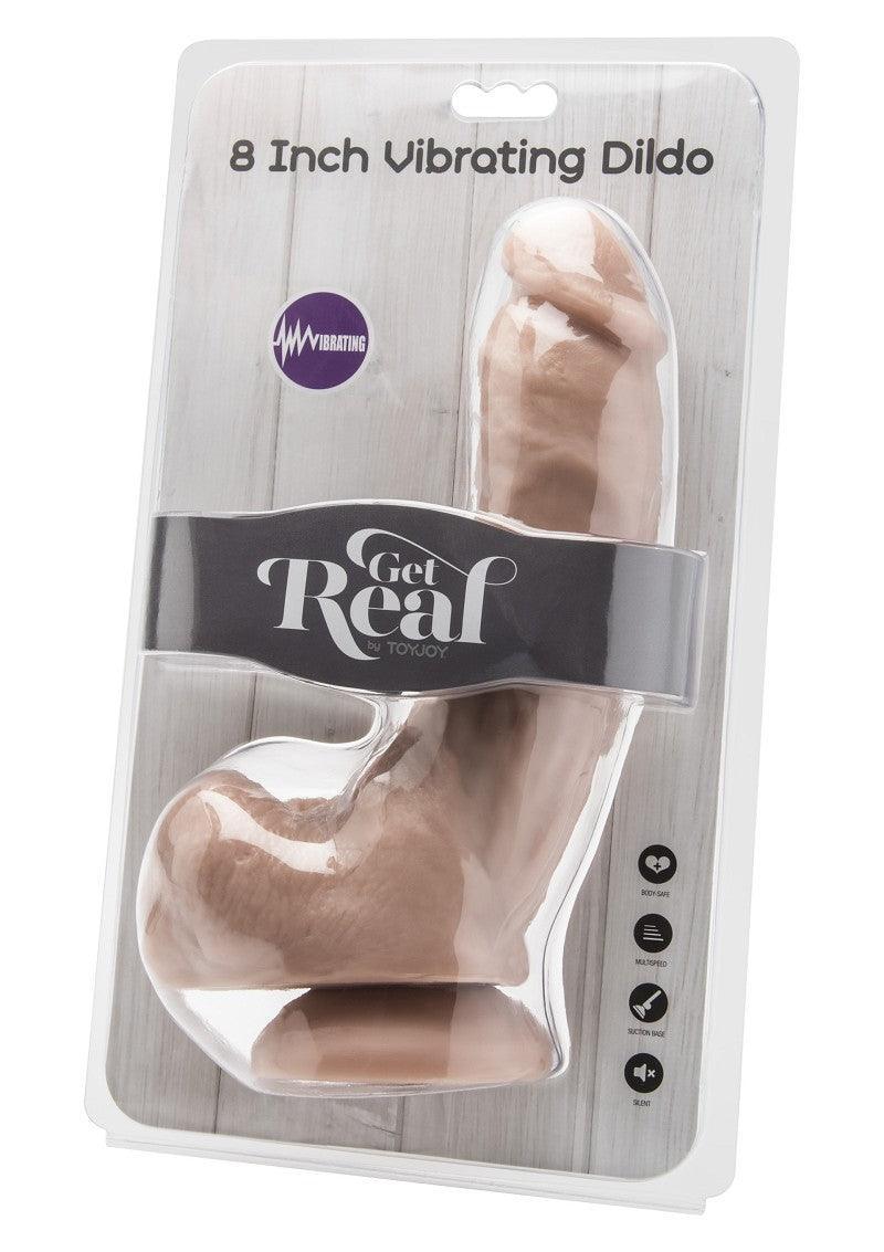 Packaged 8 inch realistic vibrating dildo with suction base, labeled Get Real by ToyJoy