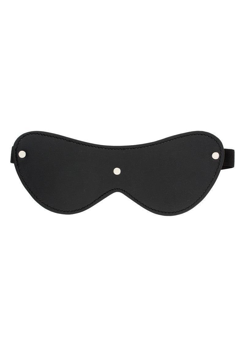 Black BDSM eye mask with smooth fabric and silver rivet details on a white background
