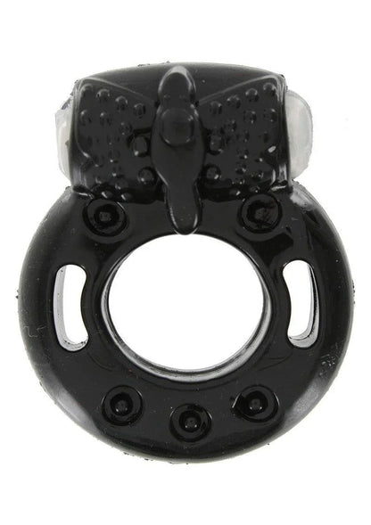 Black vibrating silicone ring with textured surface and a small white vibrating bullet on top