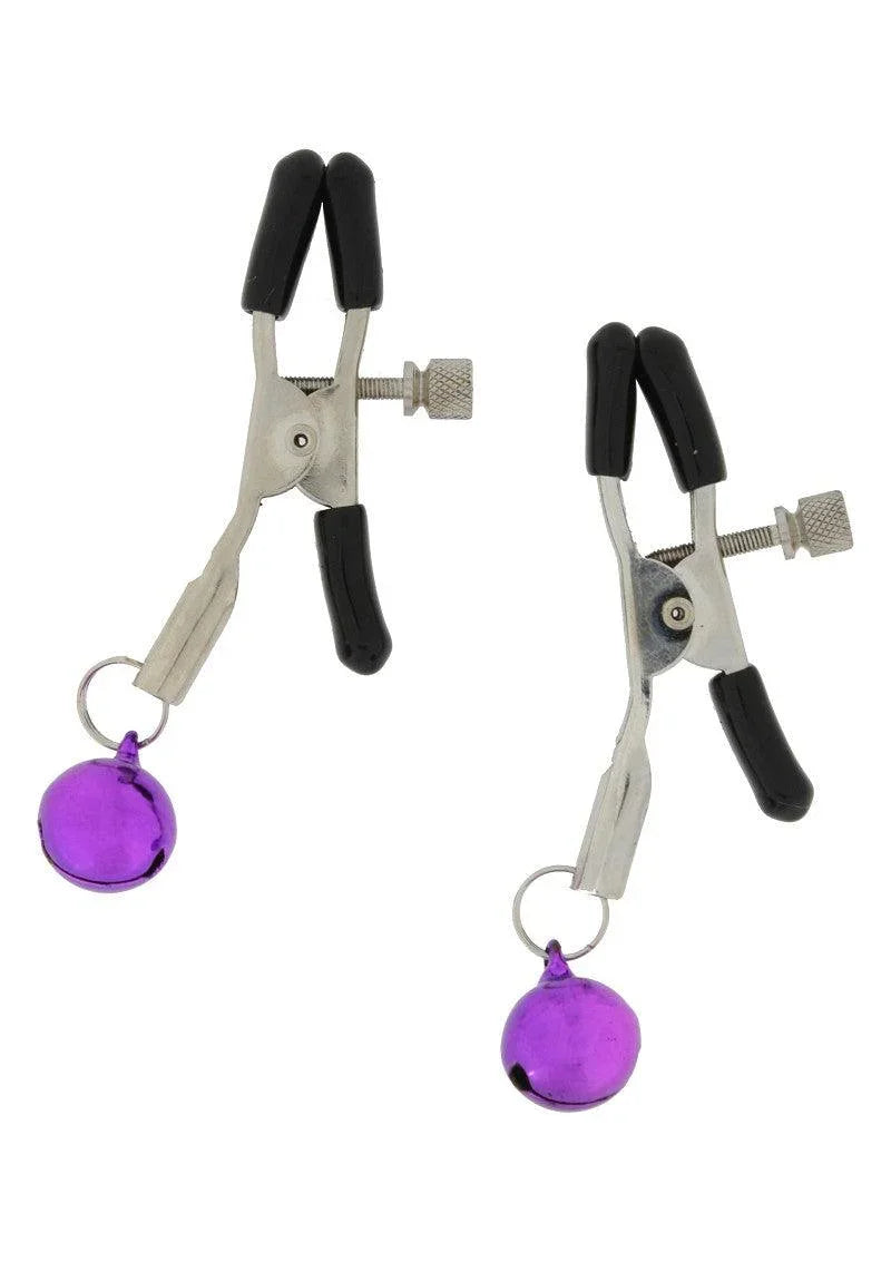 Pair of silver nipple clamps with black tips and attached purple bells, BDSM accessory