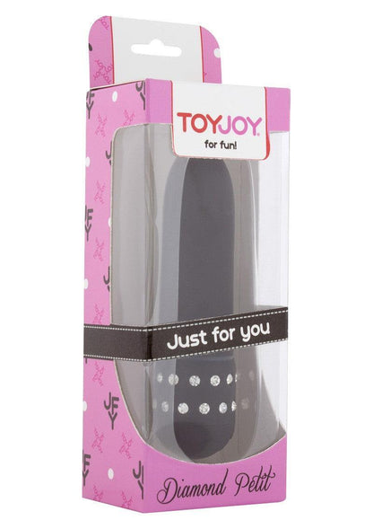 ToyJoy Diamond Petit black vibrator with crystal accents in pink and white packaging labeled Just for you