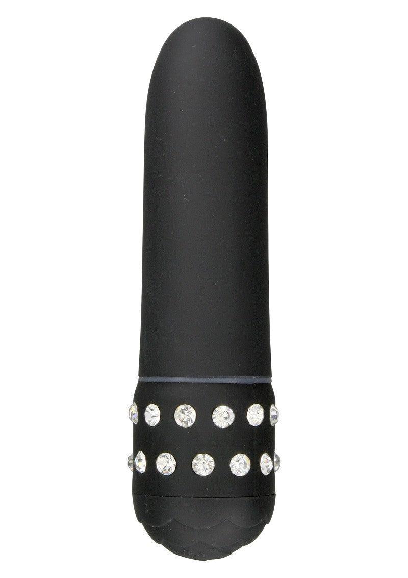 Black petite vibrator with diamond-like rhinestones band near the base, silicone texture sex toy