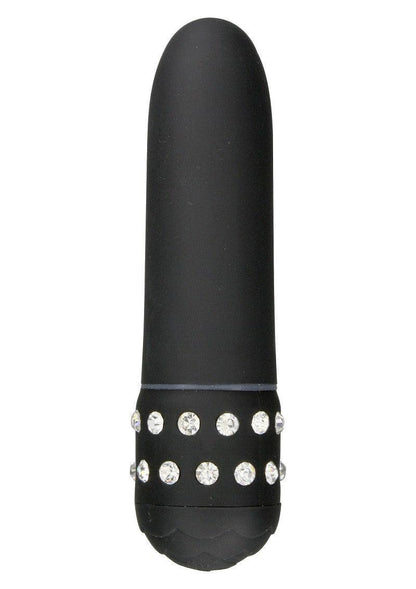 Black petite vibrator with diamond-like rhinestones band near the base, silicone texture sex toy