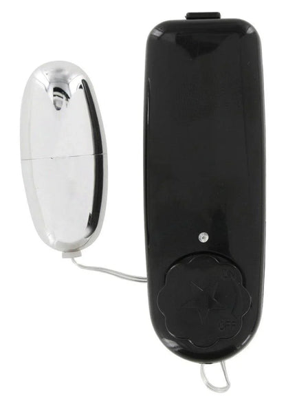 Silver bullet vibrator with black wired remote control featuring on-off dial