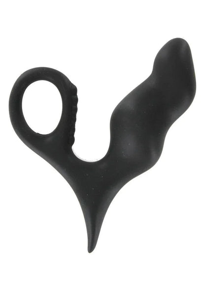 Black silicone prostate massager with curved design and finger loop handle on white background