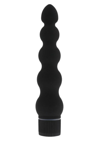 Black silicone textured vibrator with bulbous design and ridged twist base on white background