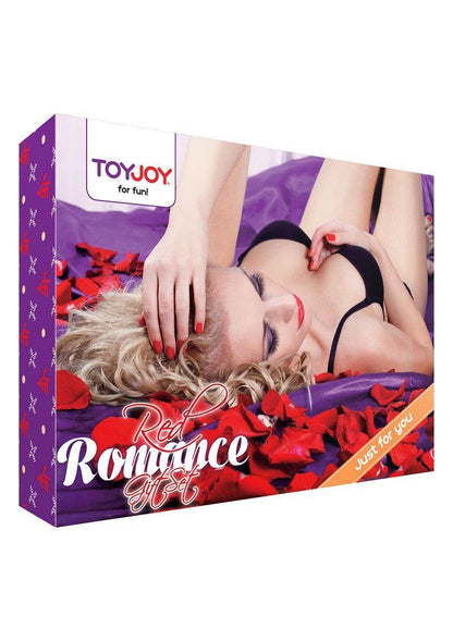 ToyJoy Red Romance Gift Set packaging featuring a woman in black lingerie on purple fabric with red rose petals