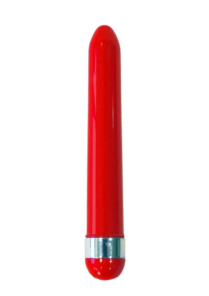 Red elongated personal massager with silver band near the base on white background