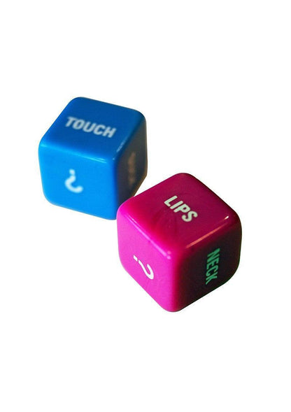 Blue and pink sensual dice with words like TOUCH, LIPS, and NECK for couples' intimacy games