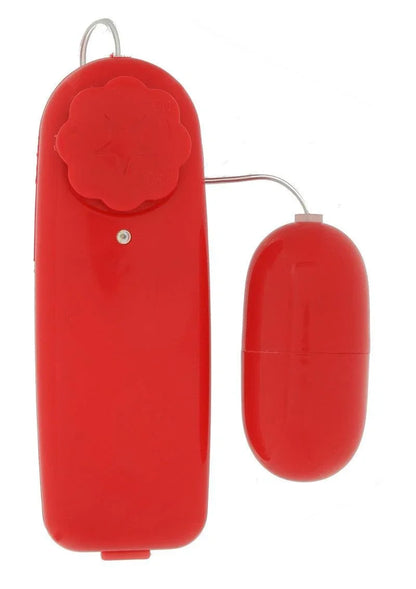 Red remote control with dial and red wired egg-shaped vibrator for adult pleasure products