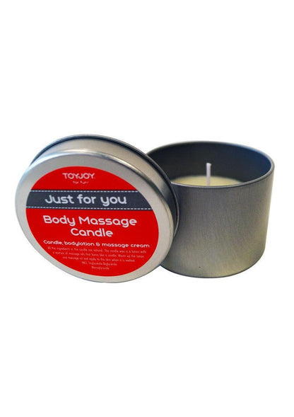 ToyJoy Just for You body massage candle in a silver tin with red label, for massage and body lotion