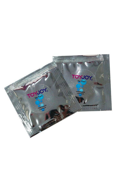 Two silver foil sachets of ToyJoy waterbased lubricant with blue and pink branding on white background