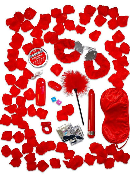 Romantic red gift set with handcuffs, massage candle, feather tickler, blindfold, vibrator, vibrating ring, red rose petals