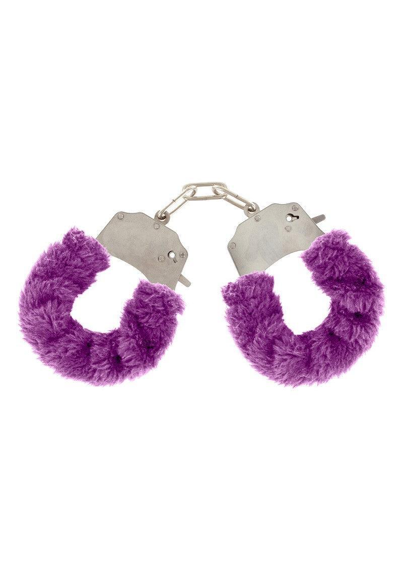 Metal handcuffs covered with soft purple furry fabric for couples' adult play