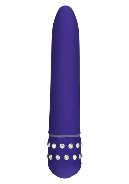 Purple silicone vibrator with rhinestone embellishments on the base, isolated on white background