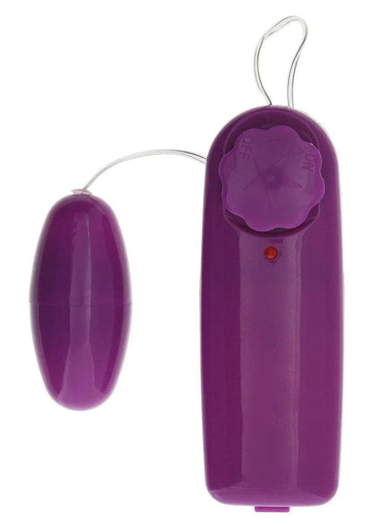 Purple bullet vibrator with wired remote control and adjustable dial on white background