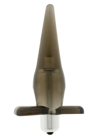 Transparent brown tapered vibrating anal plug with a base and bullet vibrator