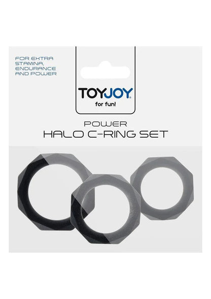 ToyJoy Power Halo C-Ring Set with three black textured rings for stamina and endurance