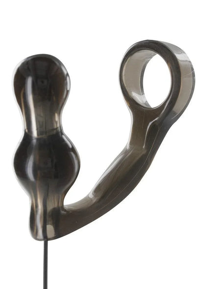 Transparent black vibrating penis ring with curved shape and bulbous end on white background