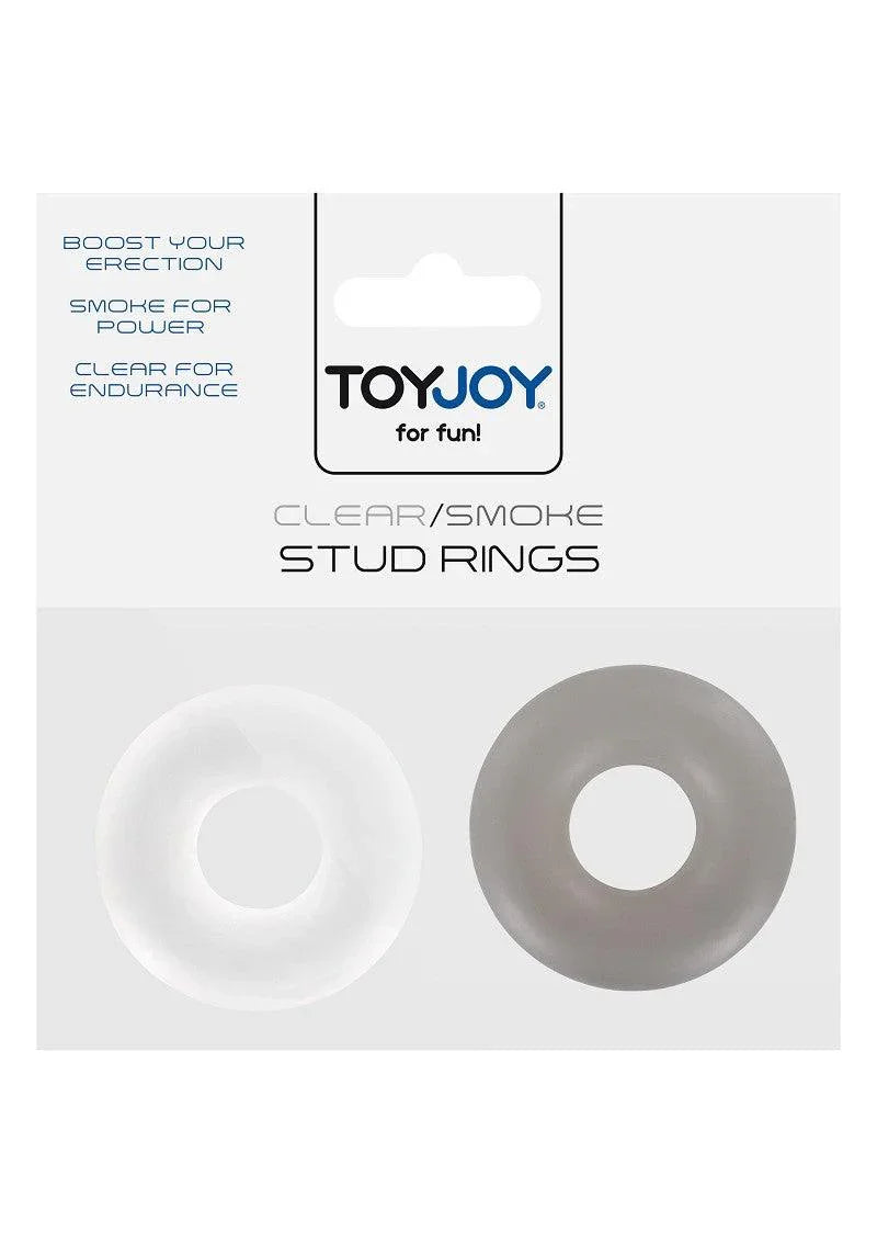 ToyJoy clear and smoke color stud rings packaging with erection and endurance benefits
