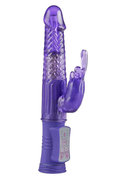 Purple translucent rabbit vibrator with textured shaft and control panel, adult sex toy