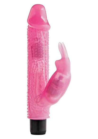 Pink textured dual-stimulation rabbit vibrator with flexible ears and black base on white background