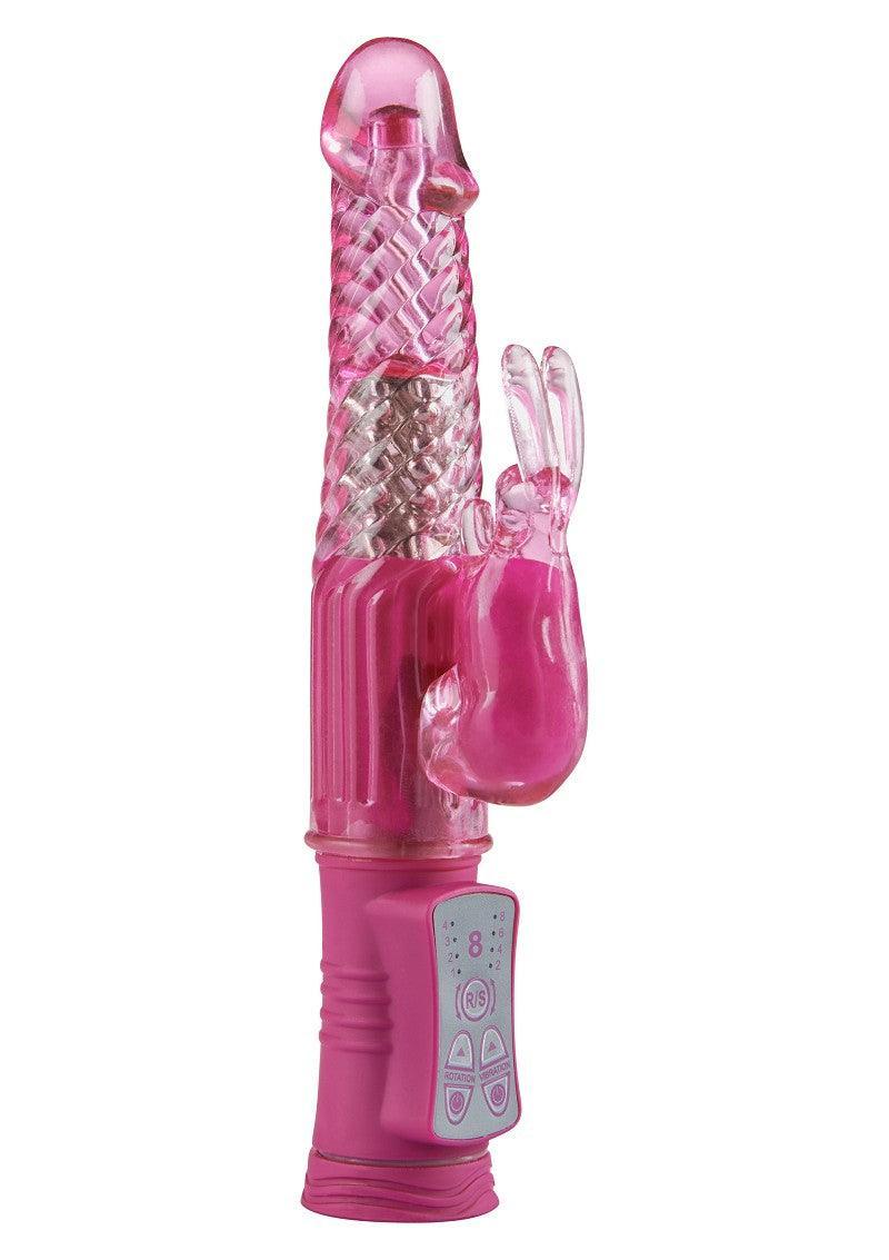Pink textured rabbit vibrator with rotating shaft and dual motor control buttons