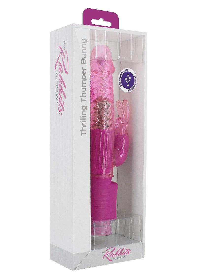 Pink USB rechargeable rabbit vibrator in clear white packaging labeled Thrilling Thumper Bunny by ToyJoy