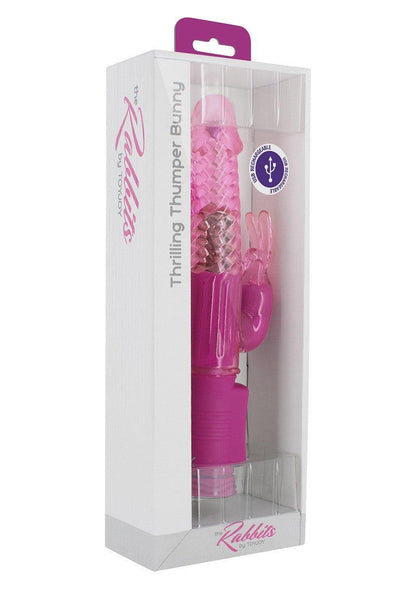 Pink USB rechargeable rabbit vibrator in clear white packaging labeled Thrilling Thumper Bunny by ToyJoy