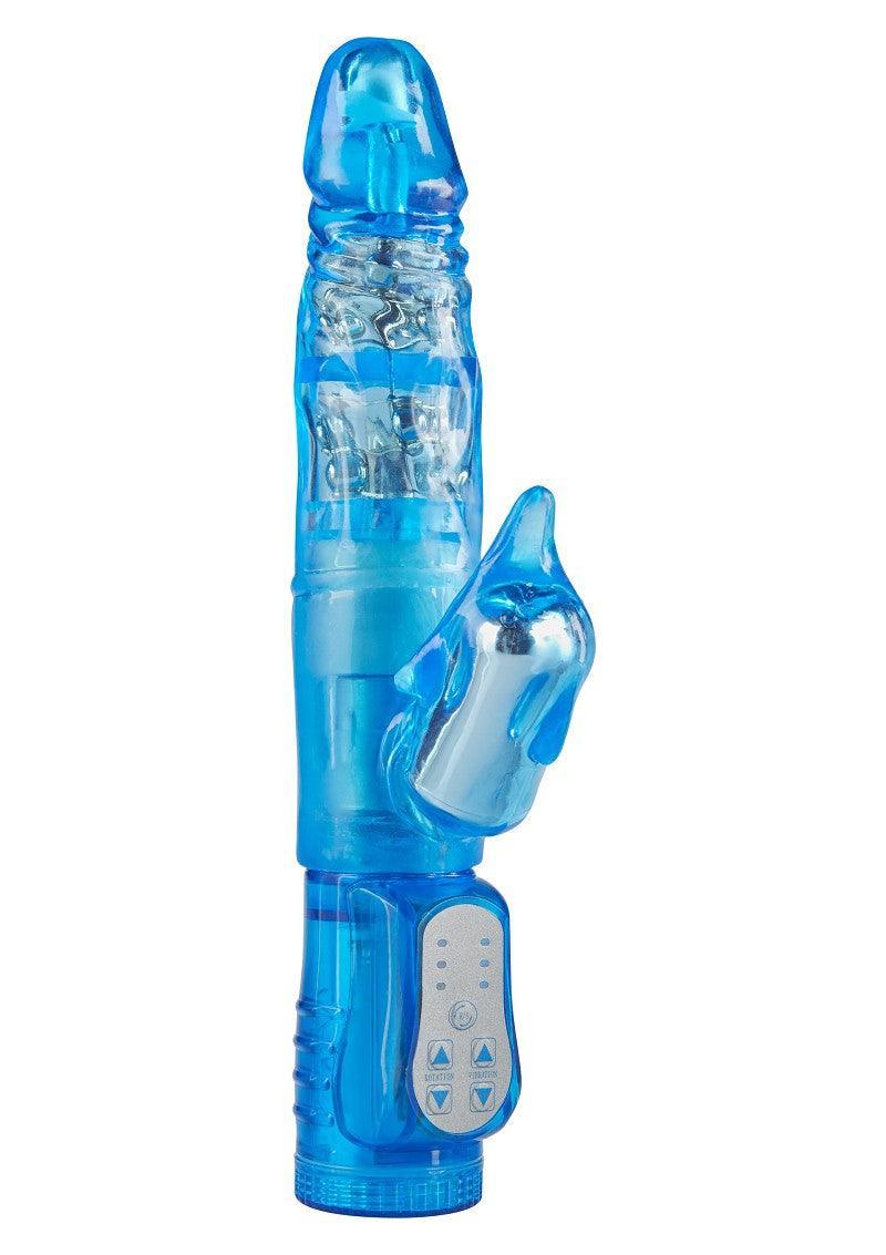 Blue translucent dual-action rabbit vibrator with rotating shaft and dolphin clitoral stimulator, control panel visible