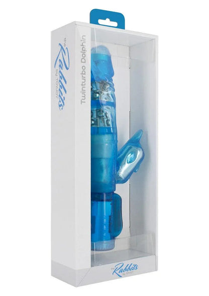 Blue TwinTurbo Dolphin vibrator in clear plastic retail packaging by ToyJoy with white box and branding
