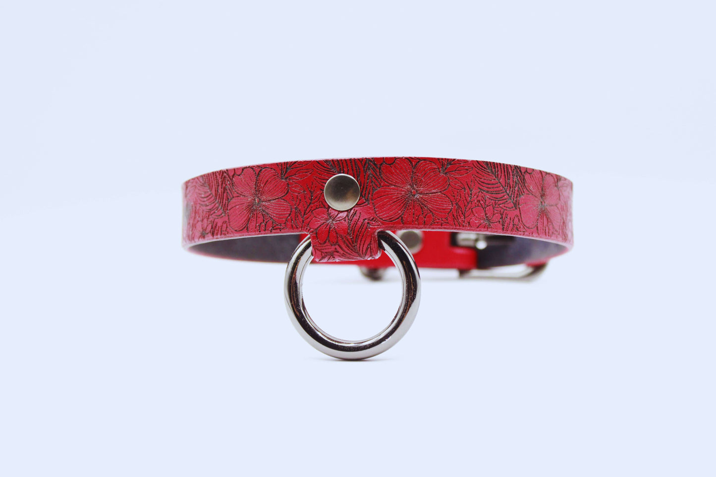 Submissive Collar Red Floral Leather Choker | Discreet Day Collar