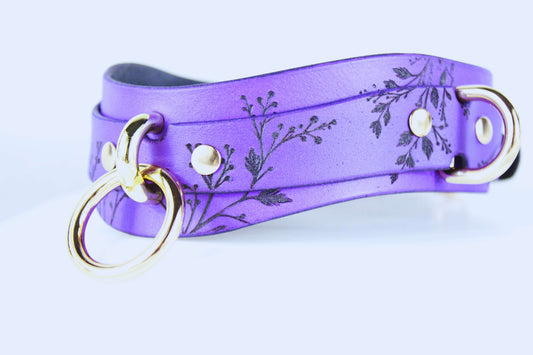 Purple Floral Submissive Collar with Gold O-Ring – Elegant BDSM Choker