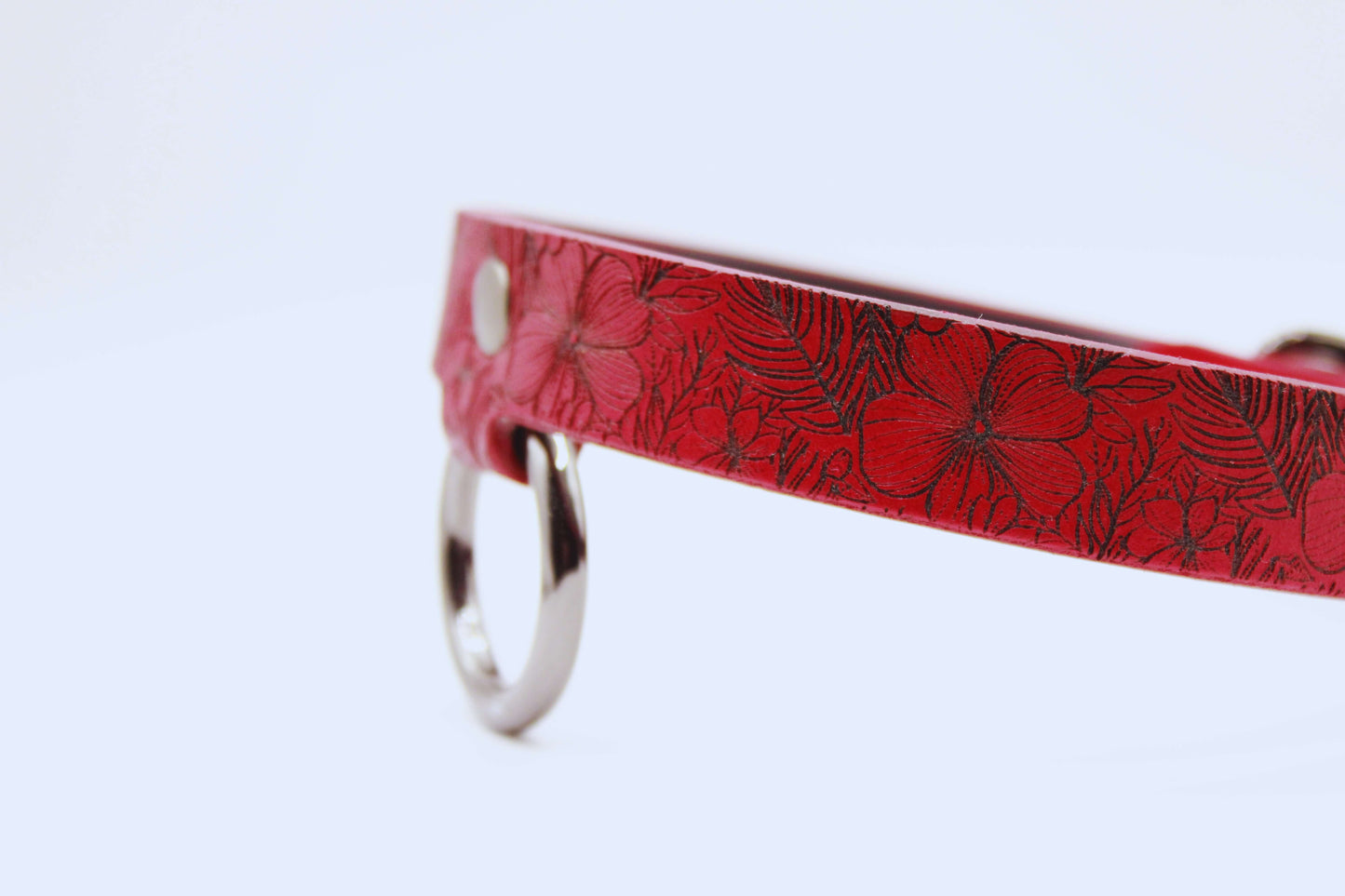 Submissive Collar Red Floral Leather Choker | Discreet Day Collar