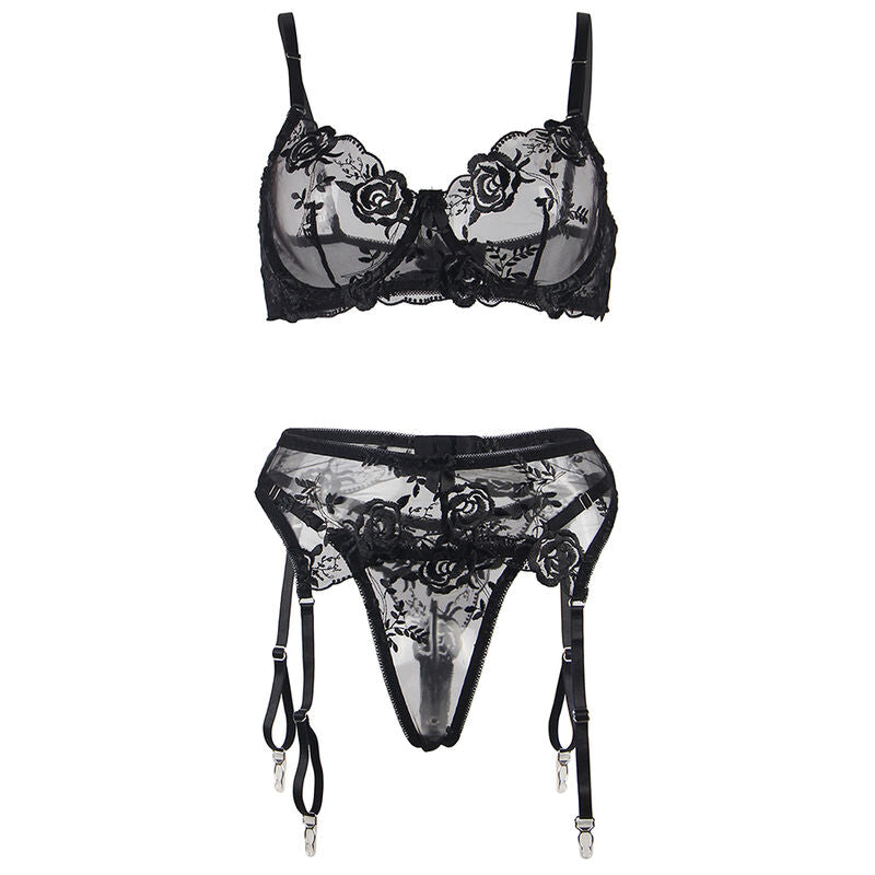 SUBBLIME - SET OF 3 PIECES BRA + THONG + GARTER FLORAL PRINT BLACK S/M - Happytoys Sexshop: online sex shop for Feeling Happy & Easy 😊 - Discreet geleverd