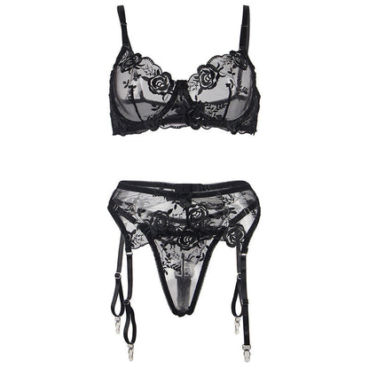 SUBBLIME - SET OF 3 PIECES BRA + THONG + GARTER FLORAL PRINT BLACK S/M - Happytoys Sexshop: online sex shop for Feeling Happy & Easy 😊 - Discreet geleverd