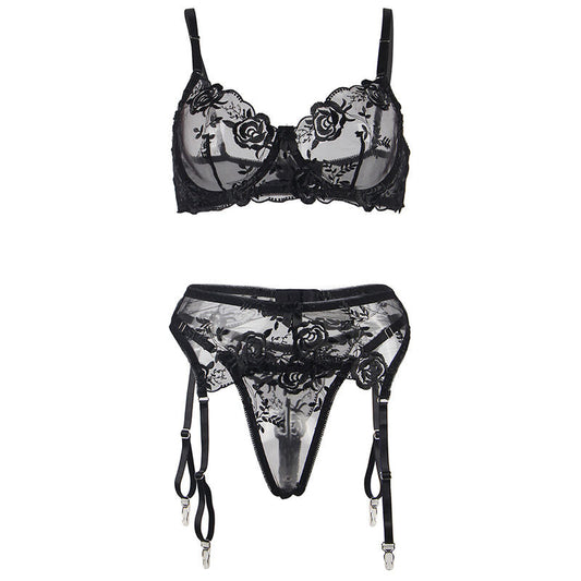 SUBBLIME - SET OF 3 PIECES BRA + THONG + GARTER FLORAL PRINT BLACK S/M - Happytoys Sexshop: online sex shop for Feeling Happy & Easy 😊 - Discreet geleverd