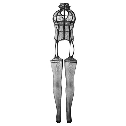 SUBBLIME - 951986 FISHNET CROTCHLESS BODYSTOCKING WITH PRINTS ON THE NECK BLACK ONE SIZE - Happytoys Sexshop: online sex shop for Feeling Happy & Easy 😊 - Discreet geleverd