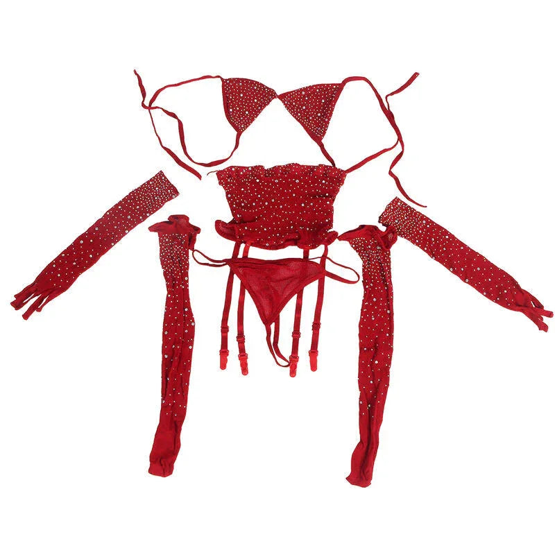 SUBBLIME - 952181 FISHNET BODYSTOCKING WITH GLOVES AND DIAMONDS RED ONE SIZE - Happytoys Sexshop: online sex shop for Feeling Happy & Easy 😊 - Discreet geleverd