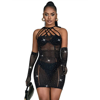 SUBBLIME - 952235 FISHNET DRESS WITH RHINESTONES BLACK ONE SIZE - Happytoys Sexshop: online sex shop for Feeling Happy & Easy 😊 - Discreet geleverd