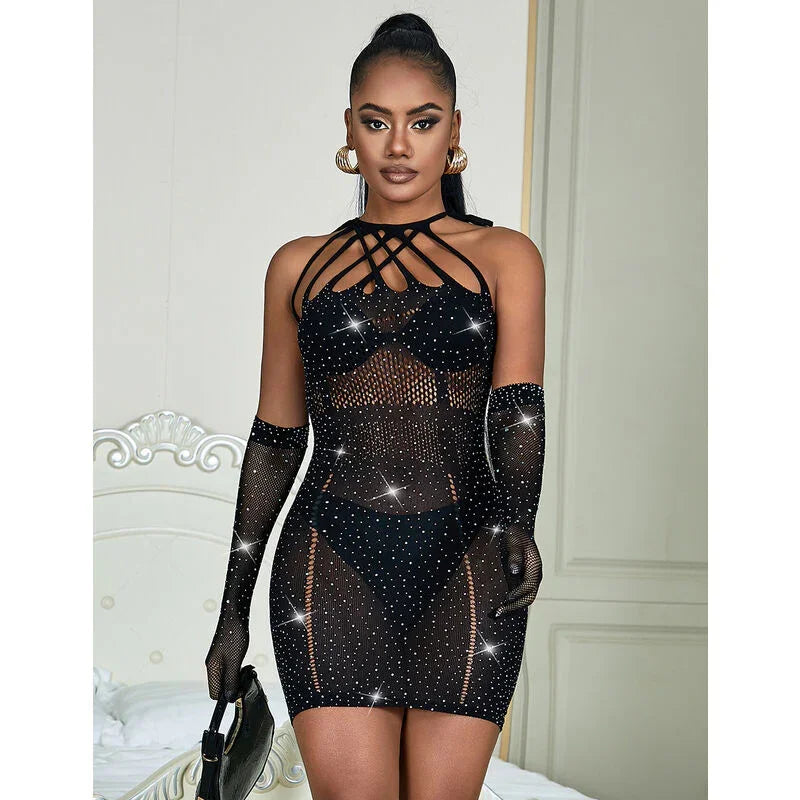 SUBBLIME - 952235 FISHNET DRESS WITH RHINESTONES BLACK ONE SIZE - Happytoys Sexshop: online sex shop for Feeling Happy & Easy 😊 - Discreet geleverd