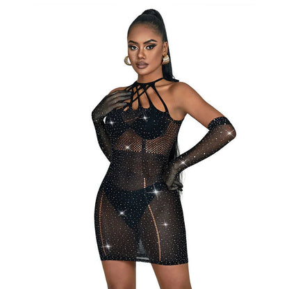 SUBBLIME - 952235 FISHNET DRESS WITH RHINESTONES BLACK ONE SIZE - Happytoys Sexshop: online sex shop for Feeling Happy & Easy 😊 - Discreet geleverd