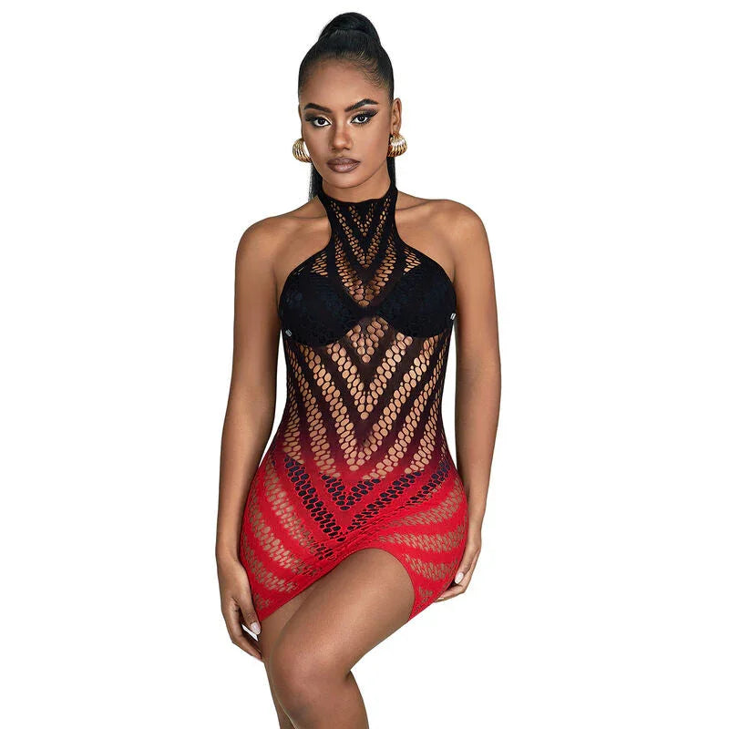 SUBBLIME - 952242 RED AND BLACK DEGRADED ELASTIC FISHNET DRESS ONE SIZE - Happytoys Sexshop: online sex shop for Feeling Happy & Easy 😊 - Discreet geleverd