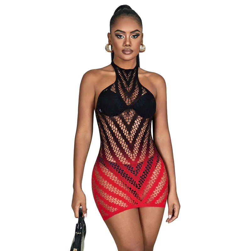 SUBBLIME - 952242 RED AND BLACK DEGRADED ELASTIC FISHNET DRESS ONE SIZE - Happytoys Sexshop: online sex shop for Feeling Happy & Easy 😊 - Discreet geleverd