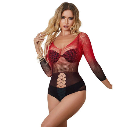 SUBBLIME - 952259 RED AND BLACK GRADIENT LONG SLEEVE ELASTIC FISHNET DRESS ONE SIZE - Happytoys Sexshop: online sex shop for Feeling Happy & Easy 😊 - Discreet geleverd
