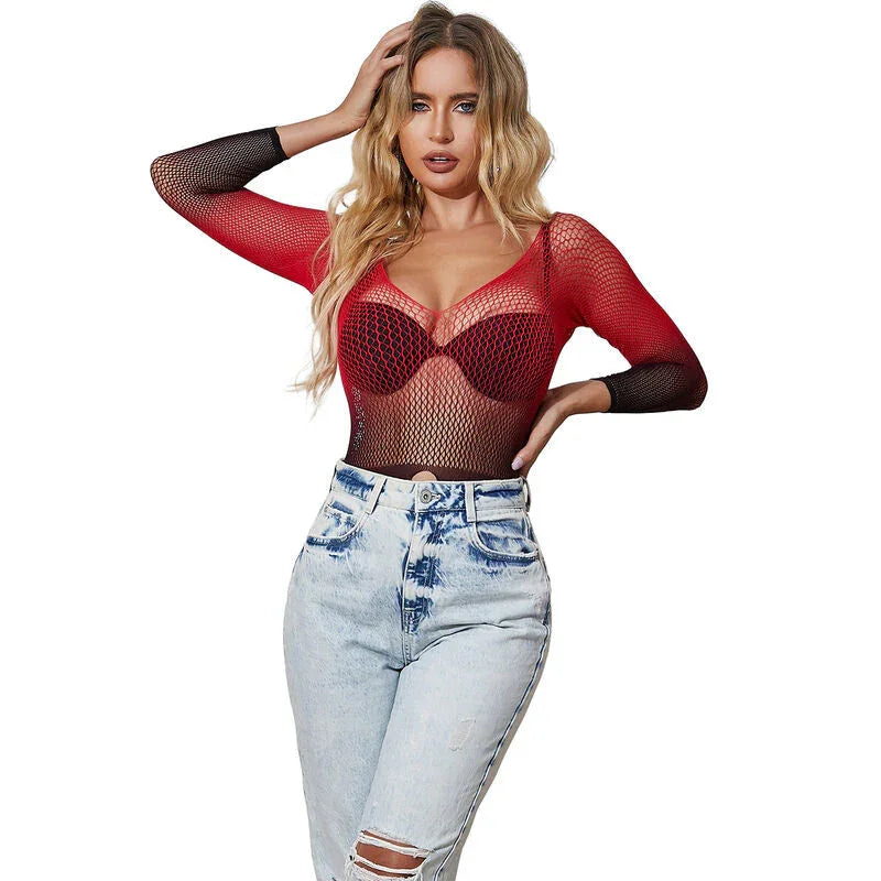 SUBBLIME - 952259 RED AND BLACK GRADIENT LONG SLEEVE ELASTIC FISHNET DRESS ONE SIZE - Happytoys Sexshop: online sex shop for Feeling Happy & Easy 😊 - Discreet geleverd